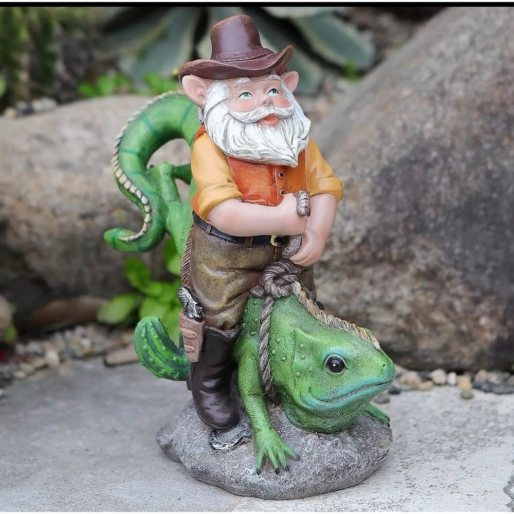 Cowboy Gnome Riding Lizard Garden Statue Outdoor Resin Figurine 8.9"x‎ 4.8" NIB